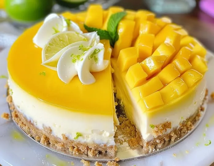 Mango Key Lime Cheesecake (No-Bake, Easy & Tropical!) If sunshine could be sliced and served on a plate, this Mango Key Lime Cheesecake would be it. Lush, creamy, and bursting with tropical flavor, it’s everything you want in a summer dessert — bright key lime tang meets sweet, golden mango in a silky no-bake cheesecake with a buttery graham cracker crust. And yes, it tastes just as dreamy as it sounds. I first made this for a backyard get-together on one of those sticky-hot summer days when the oven just wasn’t an option. Since then, it’s become my go-to for every warm-weather gathering. There’s just something magical about that zesty lime dancing with ripe mango that makes everyone pause mid-bite with a smile. Even better? It’s surprisingly easy. No baking, no gelatin, no stress — just mix, chill, and devour. Ready to create a little tropical magic in your kitchen? Let’s do this! Recipe at a Glance Prep Time: 25 minutes Chill Time: 4–6 hours (overnight ideal) Total Time: About 4.5–6.5 hours (mostly hands-off) Skill Level: Beginner-friendly (no baking, just careful mixing) Yield: One 9-inch cheesecake (8–10 slices) Scaling Options: Half for a 6-inch pan or double in a 9×13 pan Tools Needed: Springform pan, hand/stand mixer, mixing bowls, spatula, zester, juicer Make-Ahead? Absolutely! Best made 1 day ahead for perfect texture and flavor Ingredients For the Crust: 1½ cups graham cracker crumbs Substitute: Crushed digestive biscuits or vanilla wafers 6 tablespoons unsalted butter, melted Substitute: Coconut oil for a dairy-free option 2 tablespoons brown sugar Tip: Enhances depth — light or dark both work For the Filling: 16 oz full-fat cream cheese, softened Tip: Bring to room temp to avoid lumps 1 (14 oz) can sweetened condensed milk Substitute: Coconut condensed milk for dairy-free version ½ cup key lime juice (fresh or bottled) Pro Tip: Strain to remove seeds and pulp 1 tablespoon lime zest Note: Adds bold citrus aroma 1 cup mango purée (fresh or canned) Tip: Alphonso or Ataulfo mangos are best for flavor 1 teaspoon vanilla extract ¾ cup heavy cream, whipped to stiff peaks Substitute: Coconut cream for dairy-free, but texture may be looser For Garnish: Fresh mango slices Lime zest or thin lime wheels Toasted coconut flakes (optional) Ingredient Substitution Table: Ingredient Full Half Double Graham Cracker Crumbs 1½ cups ¾ cup 3 cups Cream Cheese 16 oz 8 oz 32 oz Mango Purée 1 cup ½ cup 2 cups Lime Juice ½ cup ¼ cup 1 cup Step-by-Step Instructions Step 1: Make the Crust Combine graham cracker crumbs, melted butter, and brown sugar in a bowl. Mix until the texture resembles wet sand. Press into the bottom of a 9-inch springform pan, using the back of a spoon to smooth. Chill in the freezer for 15 minutes to firm up. Why it matters: A cold, firm crust gives clean slices and supports the creamy filling. Step 2: Make the Mango-Lime Cheesecake Filling In a large bowl, beat softened cream cheese until completely smooth (no lumps!). Add the sweetened condensed milk, lime juice, zest, mango purée, and vanilla. Beat on medium-low just until smooth and uniform. Don’t overmix after adding the lime juice — it can loosen the texture. In a separate bowl, whip cold heavy cream to stiff peaks. Gently fold the whipped cream into the mango-lime mixture using a spatula. Look for: A light, creamy texture that holds soft peaks. It should feel mousse-like. Step 3: Assemble and Chill Pour filling over the chilled crust. Use an offset spatula to smooth the top. Tap the pan gently on the counter to release air bubbles. Cover loosely and refrigerate for at least 4 hours — overnight is best. Pro Tip: For super clean slices, freeze for 30 minutes before serving. Step 4: Garnish and Serve Top with fresh mango slices, lime zest, or toasted coconut. Run a thin knife around the edge before releasing the springform pan. Slice with a hot knife (wiped clean between cuts) for bakery-worthy presentation. Serving & Storage Tips Method Duration Notes Refrigerator Up to 3 days Cover loosely to avoid moisture buildup Freezer Up to 1 month Wrap slices in parchment and freeze in airtight container Thawing Overnight in fridge Best texture when chilled, not room temp Troubleshooting & FAQ Problem Cause Fix Filling too loose Overmixed or under-chilled Chill longer or freeze briefly before serving Crust crumbling Not enough butter or not packed tightly Add more butter or press firmer next time Cheesecake cracks Overmixed after adding lime juice Fold gently and don’t whip too long Variations Coconut Mango Cheesecake: Swap heavy cream for whipped coconut cream and top with toasted coconut. Mango Passionfruit Swirl: Swirl in ¼ cup passionfruit puree before chilling. Boozy Beach Version: Add 1 tbsp dark rum or coconut rum to the filling for a tropical twist! Closing Thoughts You did it! This Mango Key Lime Cheesecake is proof that you don’t need an oven to impress a crowd. It’s tropical, tangy, and just the right amount of indulgent. Whether you’re making it for a summer barbecue, a beach-themed party, or just a cozy dessert at home — it’s guaranteed to steal the show. Mango Key Lime Cheesecake